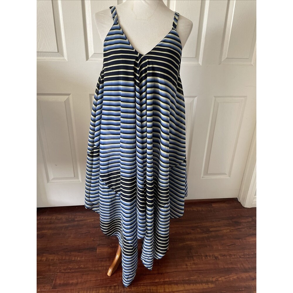 Mlle Gabrielle Womens Dress Size XL  Asymetrical Hem Striped Lined V Neck Blue